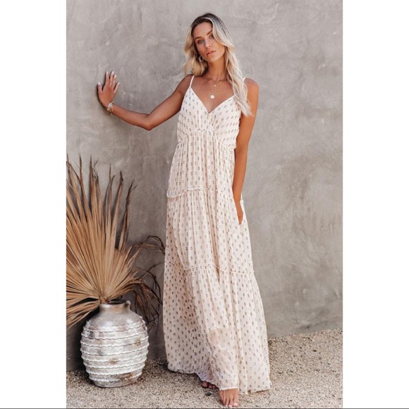 White and Gold Spaghetti Strap Ruffled Maxi Dress - Picture 2 of 6